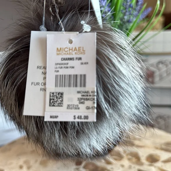 Real silver and black fox fur Michael Kors bag charm in gift box - Picture 3 of 5